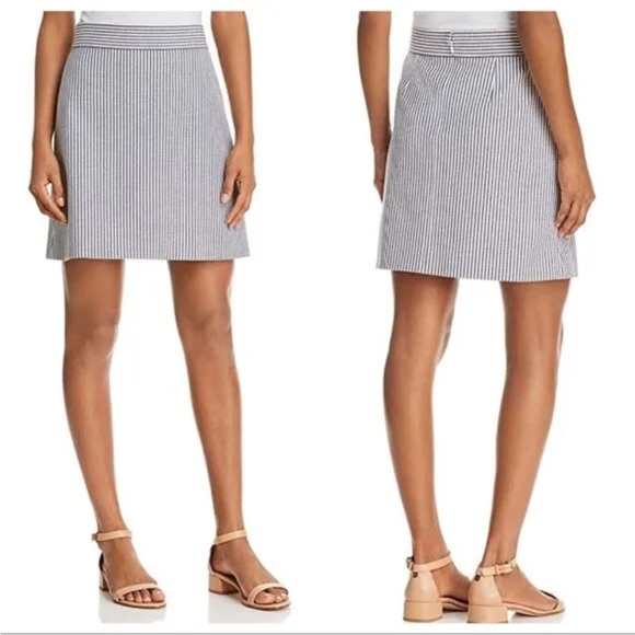 Theory Highwaist Mini B Skirt Size 2 White/Navy Sayre Stripe A-line Lined Summer - Picture 1 of 9